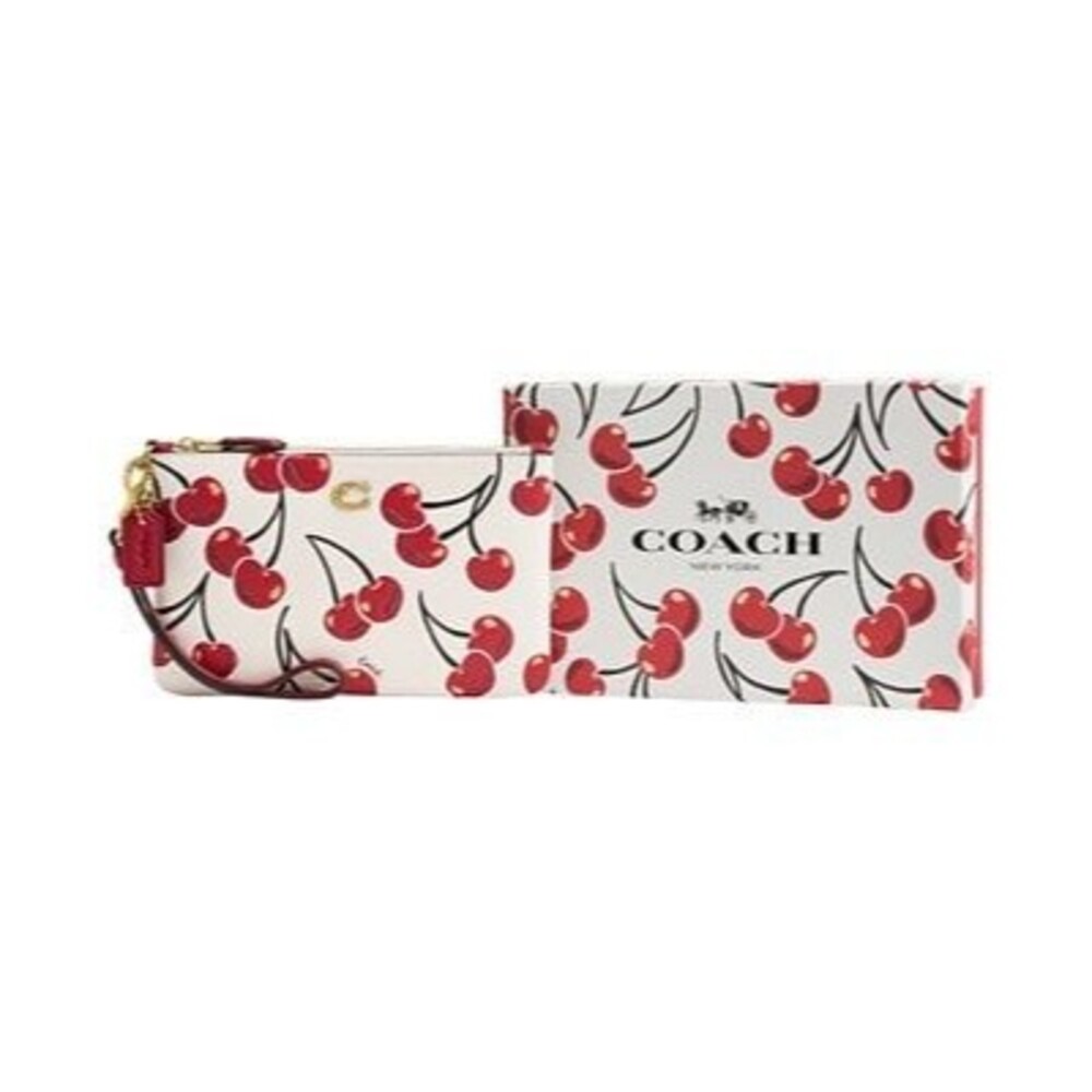 NWOT Coach Chalk Multi Cherries Pebble Leather Essential Small Wristlet